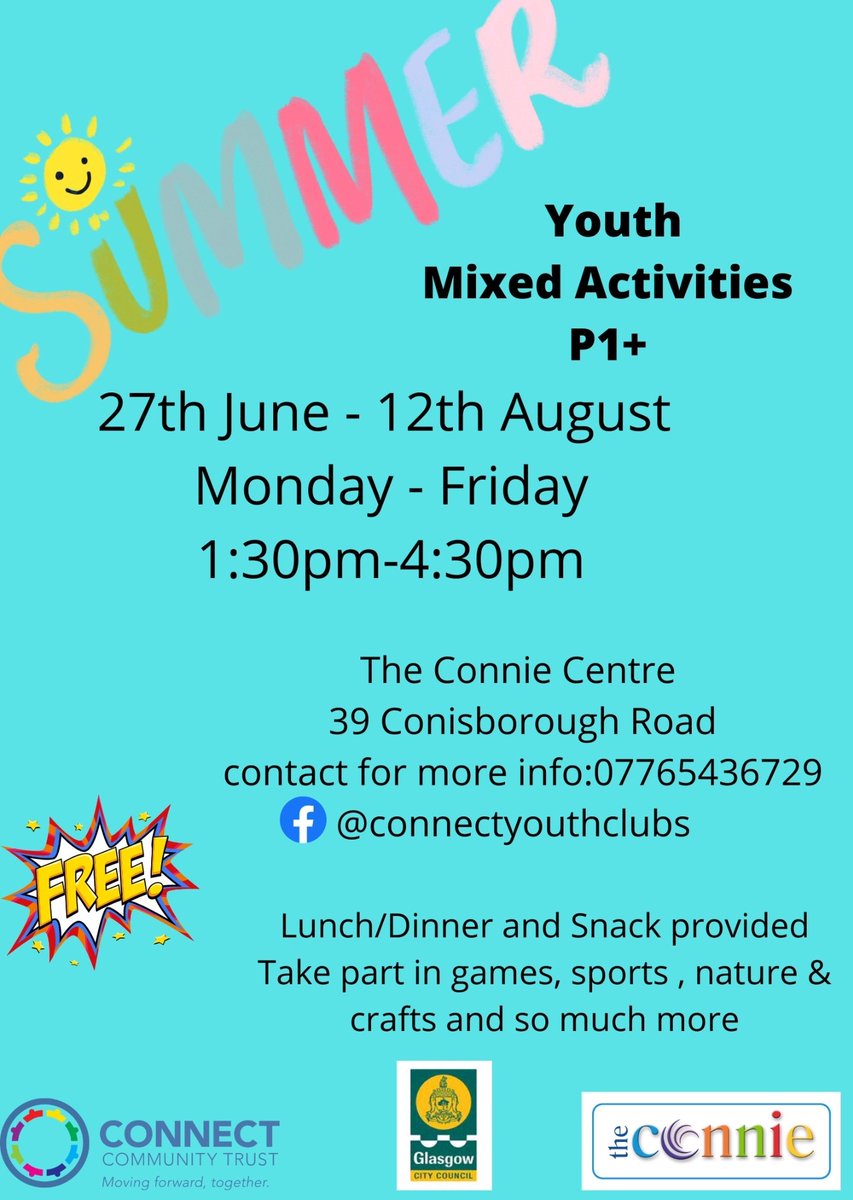 Summer holiday programme is here!!  We can't wait to see everyone 🤗👌❤️
Details below for dates/times in PROVANHALL at The Connie.
Everyone welcome 
Thanks <a href="/GlasgowCC/">Glasgow City Council</a> for funding #HoFoP #holidayfun 
<a href="/ProvanhallHA/">Provanhall HA</a>