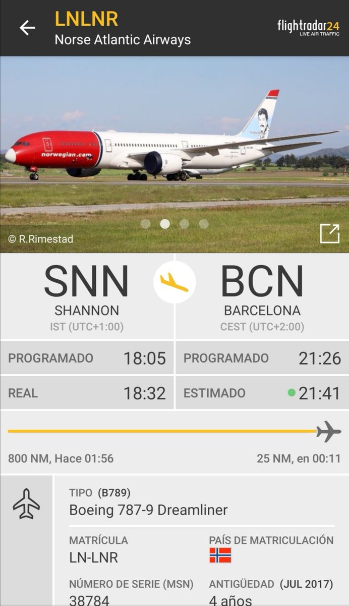 ⚠️ Norse Atlantic Airways está operando hoy un vuelo posicional entre Shannon y Barcelona con uno de sus Boeing 787-9 ex-Norwegian y que operará para Air Europa como EC-NVY.
