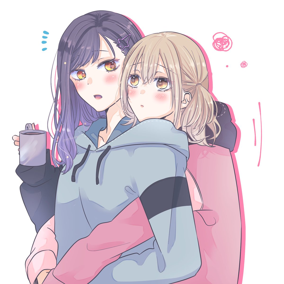 multiple girls 2girls yuri hug from behind hug hoodie hood  illustration images