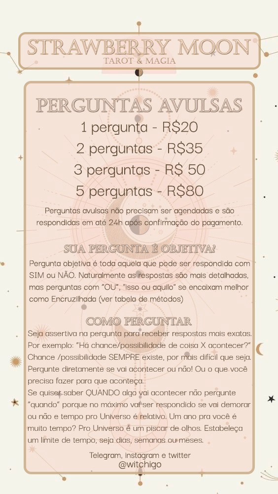 witchigo's tweet image. Cem mil boas vindas ao
🍓Strawberry Moon - Tarot &amp;amp; Magia🍓
Você não chegou aqui por acaso 🎐✨ 

Atendimentos via DM no twitter, instagram ou telegram ✨

Confira aqui meus métodos de atendimento
🍓instagram.com/witchigo