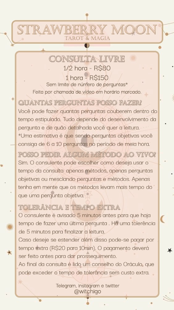 witchigo's tweet image. Cem mil boas vindas ao
🍓Strawberry Moon - Tarot &amp;amp; Magia🍓
Você não chegou aqui por acaso 🎐✨ 

Atendimentos via DM no twitter, instagram ou telegram ✨

Confira aqui meus métodos de atendimento
🍓instagram.com/witchigo