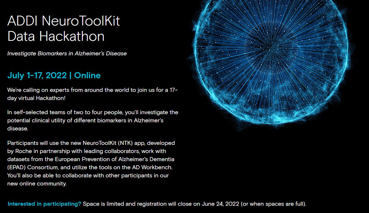 To all neuro data scientists out there, you should consider signing up to @AlzData NeuroToolKit #hackathon 

alzheimersdata.org/hackathon