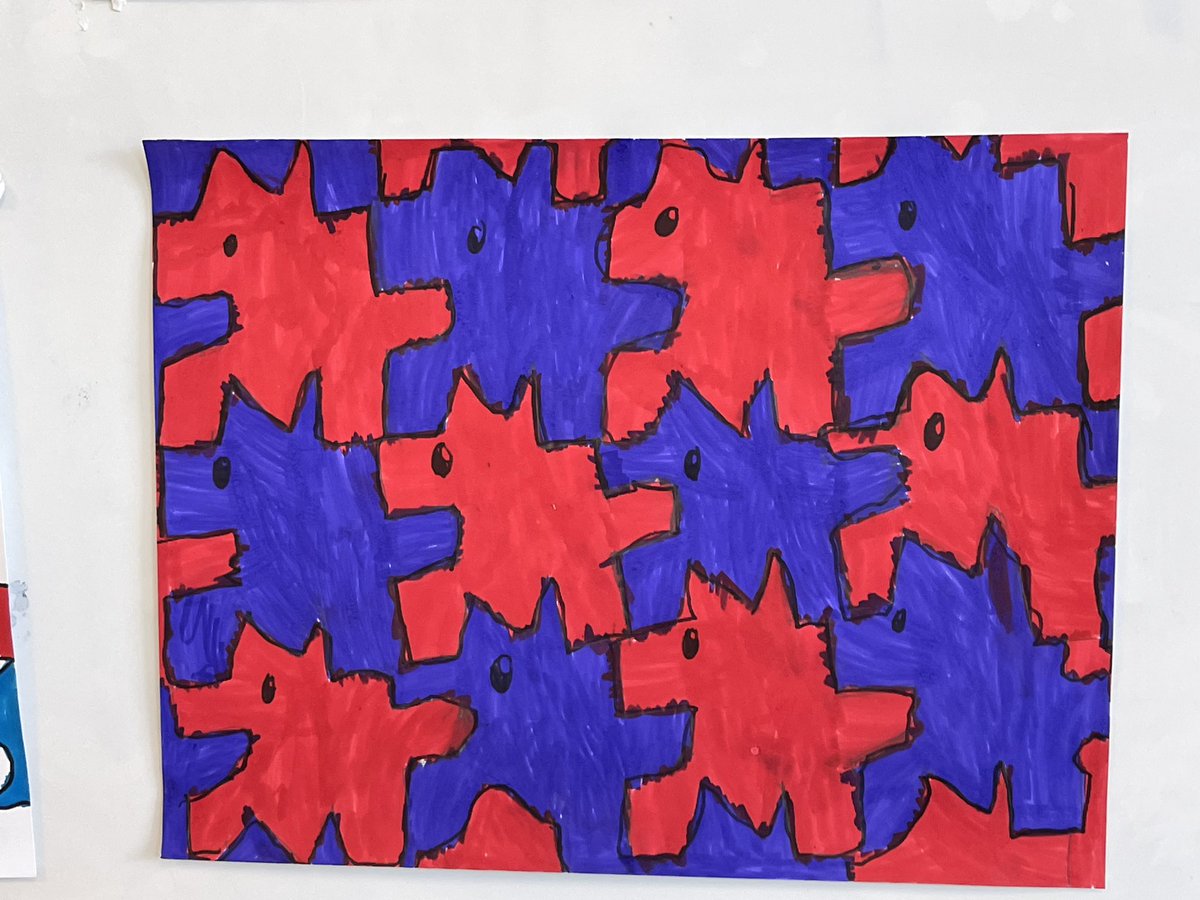 When math and art collide… these student created tesselations turned out great! So much patterning, spatial reasoning and visualisation required! Thx <a href="/charnelleworld/">Charnelle Fulcher (she/her/elle)</a> for the lesson! #rvsed #rvsnumeracy <a href="/EastLakeRVS/">East Lake School</a>