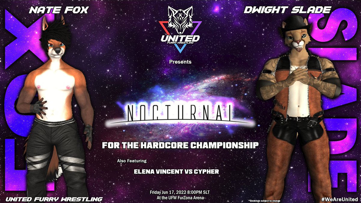 The foxes and cats run wild tonight 
Elena and Cypher meet in the ring for a hair-raising match that will have you on the edge of your seat, and after that Nate and Dwight go toe to toe for the HARDCORE CHAMPION BELT
maps.secondlife.com/secondlife/Fur…
#UFWNocturnal is live <a href="/8pm/">8pm</a> SLT
★🌙★