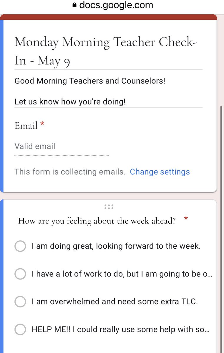 PrincipalProj's tweet photo. Not sure how your staff is feeling at the start of a new week? Try asking them.

Weekly check-in form via P @chriscfore. https://t.co/RTKebMOOsS