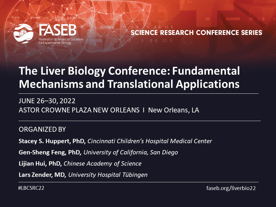 Registration closes 6/22. Talk #Hepatogenesis #LiverInjuries #Fibrosis
#SteatoticLiver Diseases #Immunology #Metabolism & more at the #LiverBiology Conf. 6/26-30 in #NOLA #LBCSRC22

Agenda/Info: bit.ly/3u0Z8k7 
Students: $150 off
Keynote: M. Celeste Simon @PennMedicine