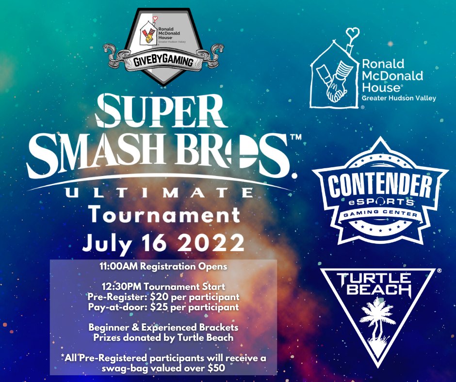 Join us July 16th for our GivebyGaming Tournament. Help support our families while battling it out on Nintendo's Super Smash Brothers Ultimate. There will be two singles brackets - one for beginners and one for advanced players.  

Register Here: bit.ly/3P0PJ4l