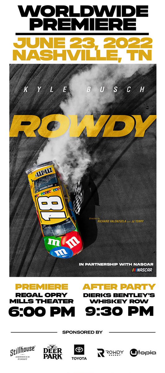 We are thrilled to be producing the world premiere and after-party of “ROWDY”!! The event, which follows the life of NASCAR Cup Series Champion- <a href="/KyleBusch/">Kyle Busch</a>, will be taking place on June 23, 2022🏎🏎🏎

Get your VIP or GA tickets now at the link below!

bit.ly/3z9jyKn