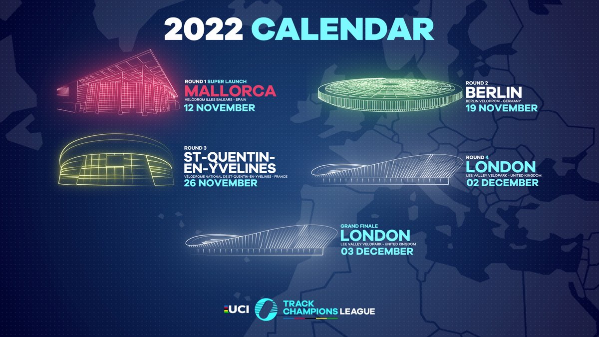 UCI Track Champions League (@ucitcl) on Twitter photo That's where you'll be able to see the best track cycling races this year! 🤩
12th Nov. - Mallorca, Velòdrom Illes Balears 🇪🇸
19th Nov. - Berlin, Velodrom Berlin 🇩🇪
26th Nov. - St Quentin-en-Yvelines, <a href="/Velodrome_nat/">Vélodrome National</a> 🇫🇷
2nd & 3rd Dec. - London, <a href="/LeeValleyVP/">Lee Valley VeloPark</a> 🇬🇧
#UCITCL That's where you'll be able to see the best track cycling races this year! 🤩
12th Nov. - Mallorca, Velòdrom Illes Balears 🇪🇸
19th Nov. - Berlin, Velodrom Berlin 🇩🇪
26th Nov. - St Quentin-en-Yvelines, <a href="/Velodrome_nat/">Vélodrome National</a> 🇫🇷
2nd & 3rd Dec. - London, <a href="/LeeValleyVP/">Lee Valley VeloPark</a> 🇬🇧
#UCITCL