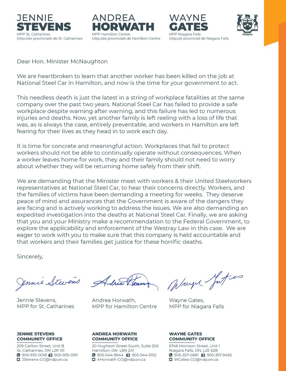 Image of the full letter sent from Ontario NDP MPPs Jennie Stevens, Andrea Horwath and Wayne Gates to Ontario Labour Minister Monte McNaughton asking that they meet with the USW and workers from National Steel Car. 