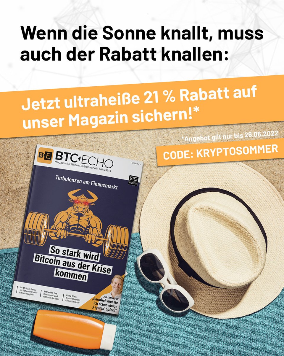 btcecho's tweet photo. ☀ Jetzt ultraheiße 21 % auf unser Magazin sichern! 👉 https://t.co/5vIfAnh9xW Nutze den Rabattcode “KRYPTOSOMMER” im BTC-ECHO Shop und erhalte 21 % auf alle Abos und Einzelausgaben. 
Aber sei schnell, das Angebot gilt nur bis zum 26.06.
#rabatt #aktion #bitcoin #krypto #21mio https://t.co/RLqx1Kh1yY