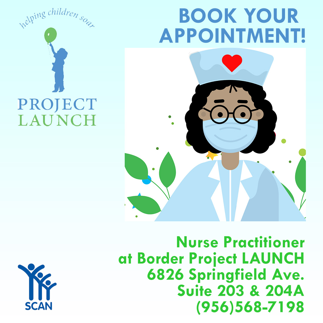 SCANLaredo's tweet image. At Border project LAUNCH, once you book your counseling appointment you can also book one with our on-site nurse practitioner! Call us today for more information ☎️💙
#SCANLaredo #HolaLaredo #BorderProjectLAUNCH #ChildrenWellness #Nursecheckup #HolaLaredo #Webbcounty #Wellness