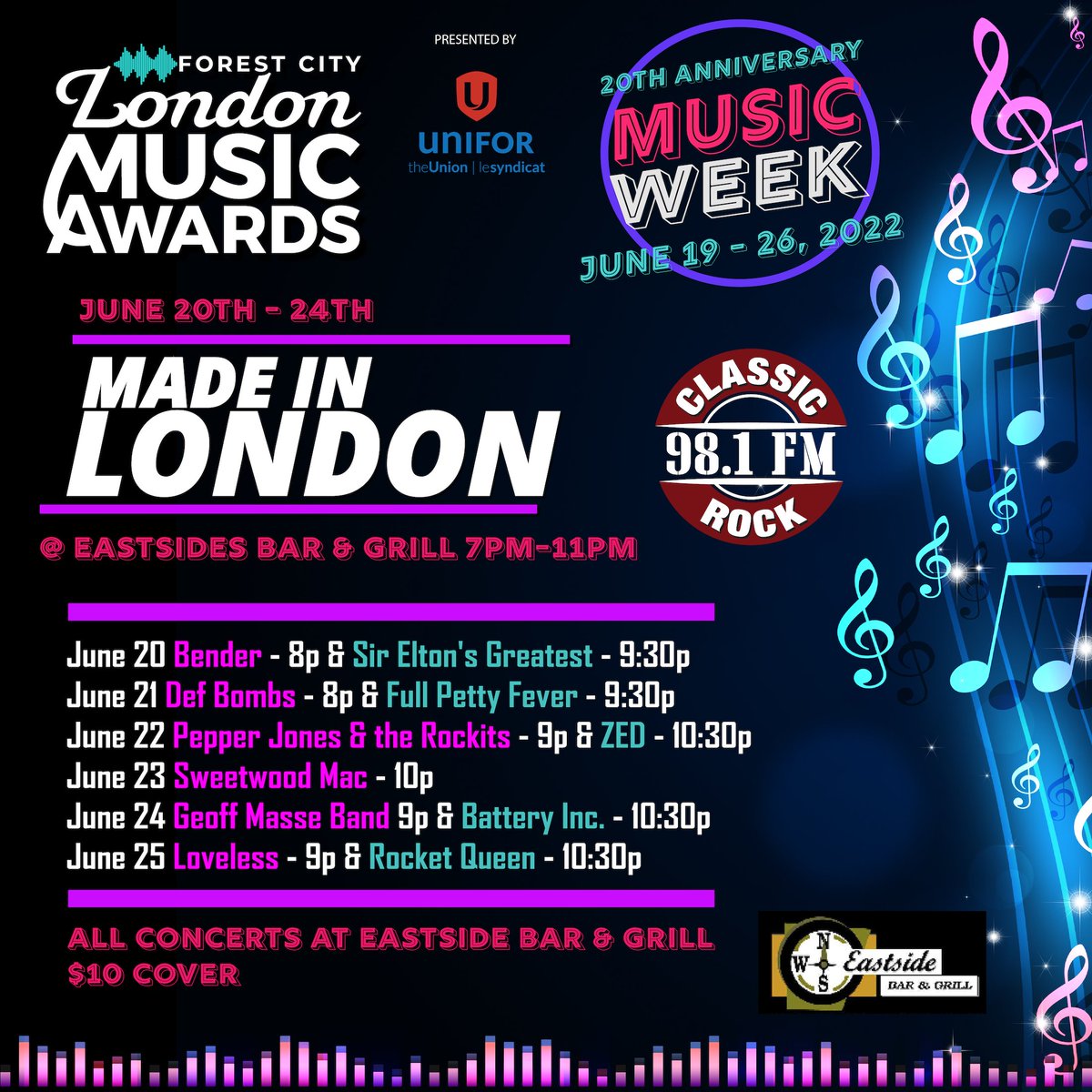 fclmalondon (@fclmalondon) on Twitter photo MADE IN LDN‼️
All concerts <a href="/EastsidesLondon/">Eastside Bar & Grill</a>
JUN 20⭐️BENDER & SIR ELTON'S GREATEST
JUN 21⭐️DEF BOMBS & FULL PETTY FEVER
JUN 22⭐️PEPPER JONES & THE ROCKITS & ZED
JUN 23⭐️SWEETWOOD MAC
JUN 24⭐️GEOFF MASSE BAND & BATTERY INC
JUN 25⭐️LOVELESS & ROCKET QUEEN
<a href="/ClassicRock981/">Classic Rock 98.1</a> #LdnOnt MADE IN LDN‼️
All concerts <a href="/EastsidesLondon/">Eastside Bar & Grill</a>
JUN 20⭐️BENDER & SIR ELTON'S GREATEST
JUN 21⭐️DEF BOMBS & FULL PETTY FEVER
JUN 22⭐️PEPPER JONES & THE ROCKITS & ZED
JUN 23⭐️SWEETWOOD MAC
JUN 24⭐️GEOFF MASSE BAND & BATTERY INC
JUN 25⭐️LOVELESS & ROCKET QUEEN
<a href="/ClassicRock981/">Classic Rock 98.1</a> #LdnOnt