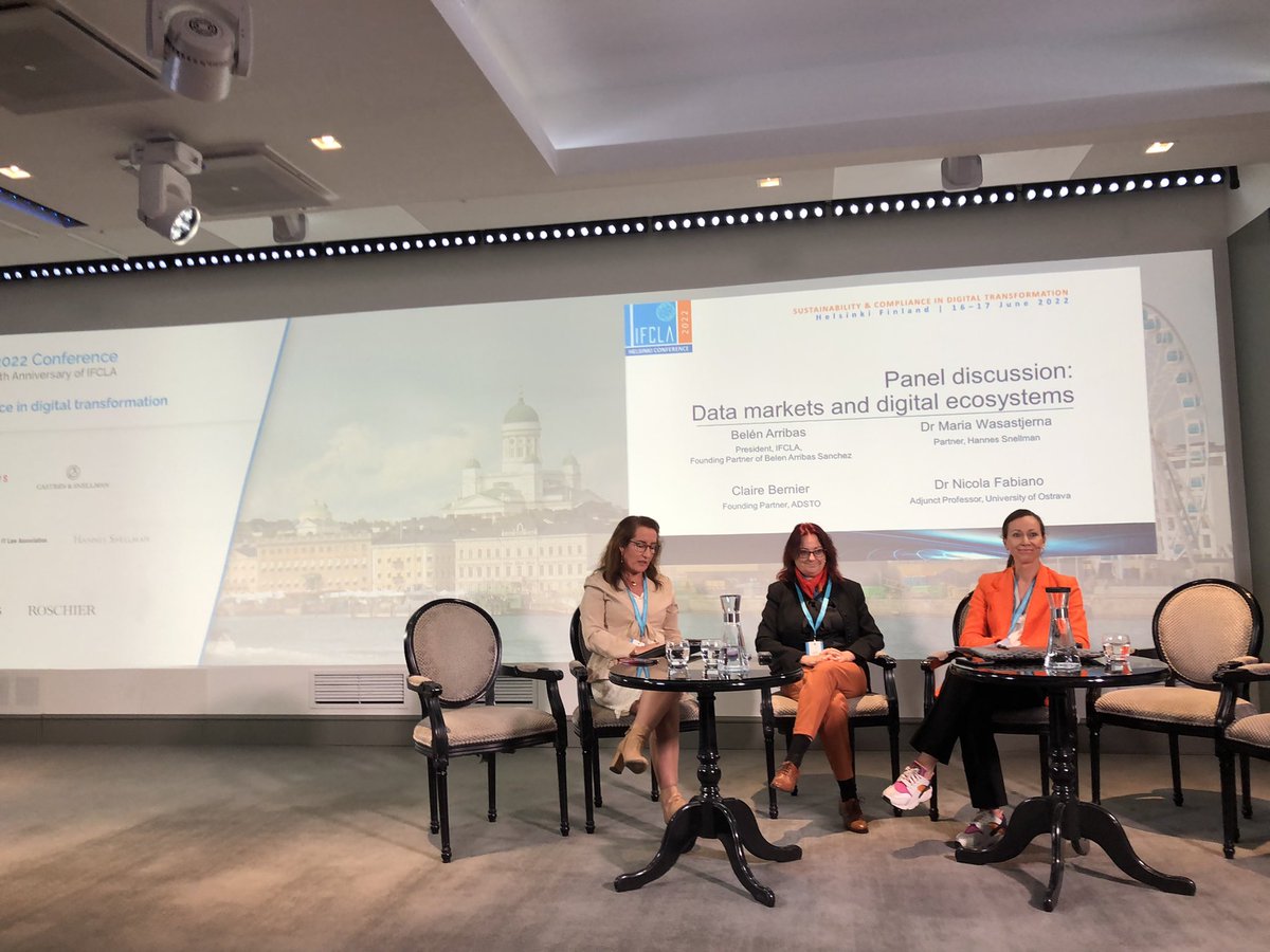 Insightful panel discussion about different aspects of data markets and digital ecosystems!
<a href="/mblarribas/">Belen Arribas Sanchez</a> Maria Wasastjerna Claire Bernier and Nicola Fabiano at #IFCLAHelsinki2022