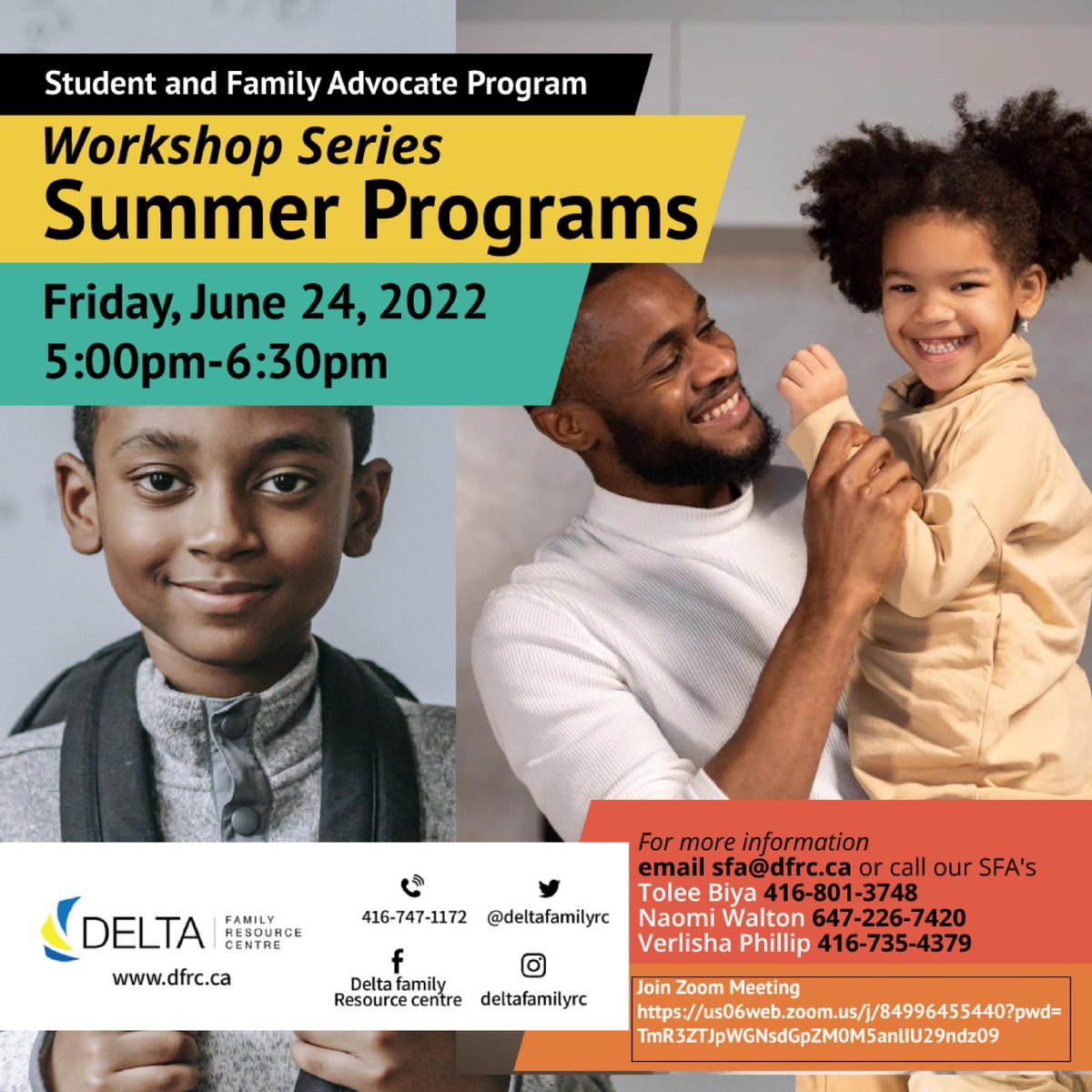 DeltaFamilyRC's tweet photo. π«On Friday June 24, from 5:00pm-6:30pm the Student and Family Advocate Program will be running a workshop highlighting summer services and programs available to the community.Join us via zoom Meeting ID: 849 9645 5440
Passcode: 615727
#summerprograms
#workshops
#programsforall https://t.co/jK9ULt3CRO