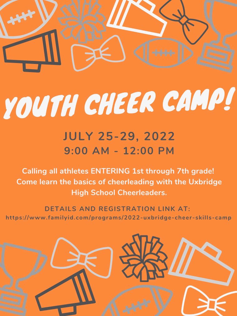 uxbridge_cheer's tweet photo. Attention young athletes!! Coach Knauer and the Uxbridge Varsity Cheer Squad will be holding a 1 week cheer camp teaching the fundamentals of cheer📣! Please join us for a really fun week! If you are interested use this link to register https://t.co/xb3rF9L5tY https://t.co/3cyeKd4bXz