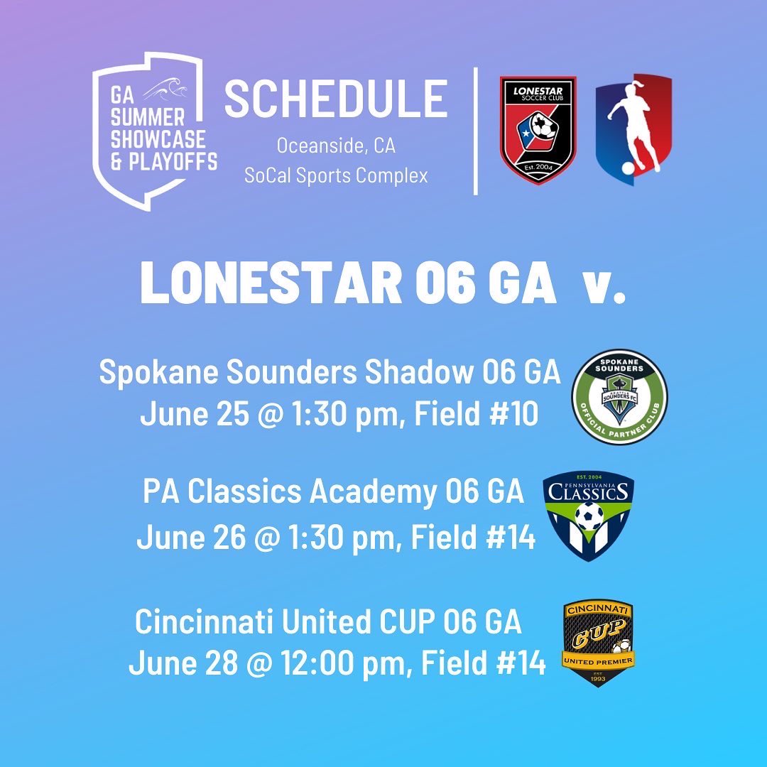 UP 🔜!! PLAYOFF SCHEDULE  for LONESTAR SC 06 GA. 🔥
See you June 25, 26, and 28 at SoCal Sports Complex in Oceanside, CA. 
Danika Duncan - Midfielder and Captain #7
<a href="/LonestarSC/">Lonestar Soccer Club ⚽️</a> <a href="/GAcademyLeague/">Girls Academy</a>