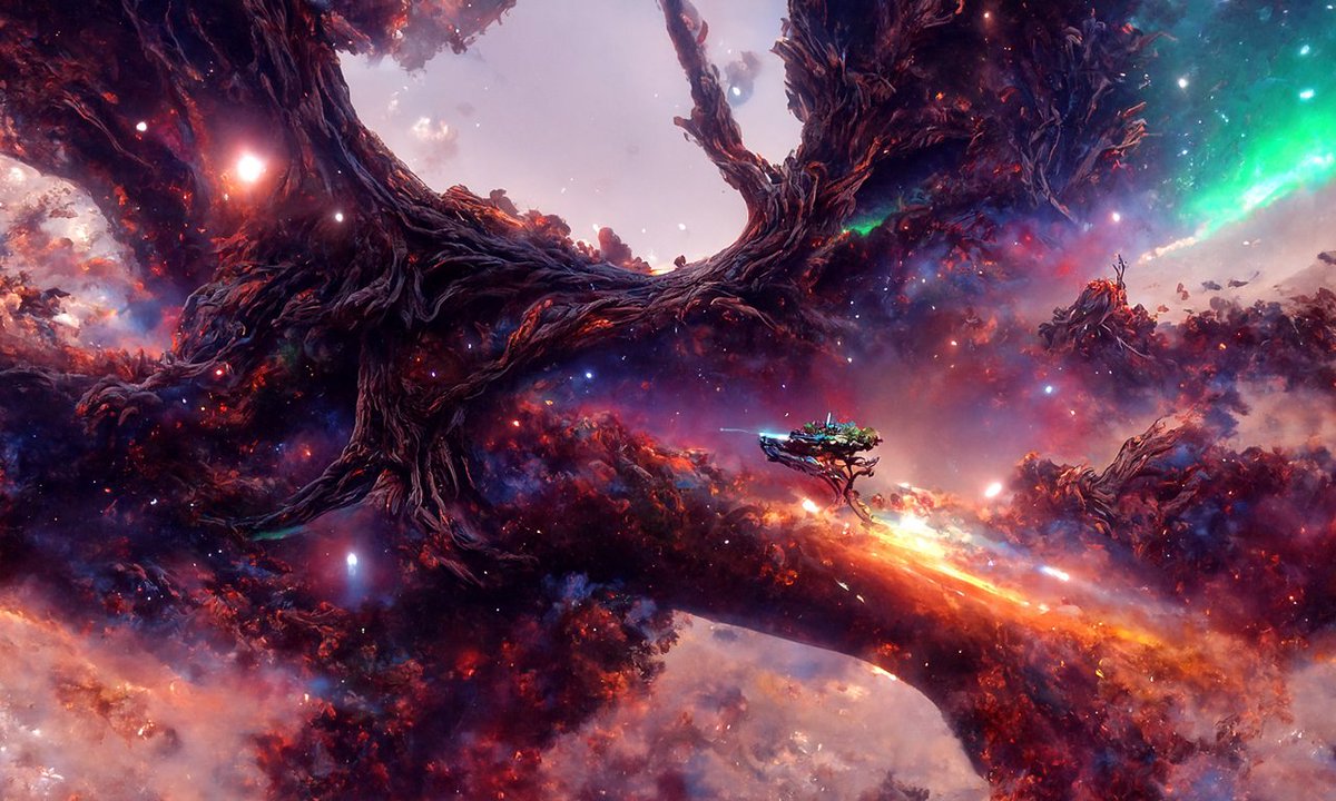 "...Obsidian leaves acted as an outer atmosphere, while heavy fog coated branches with metallic dust that delivered light to deeper sections... "

More diffusion inspired lore concept art