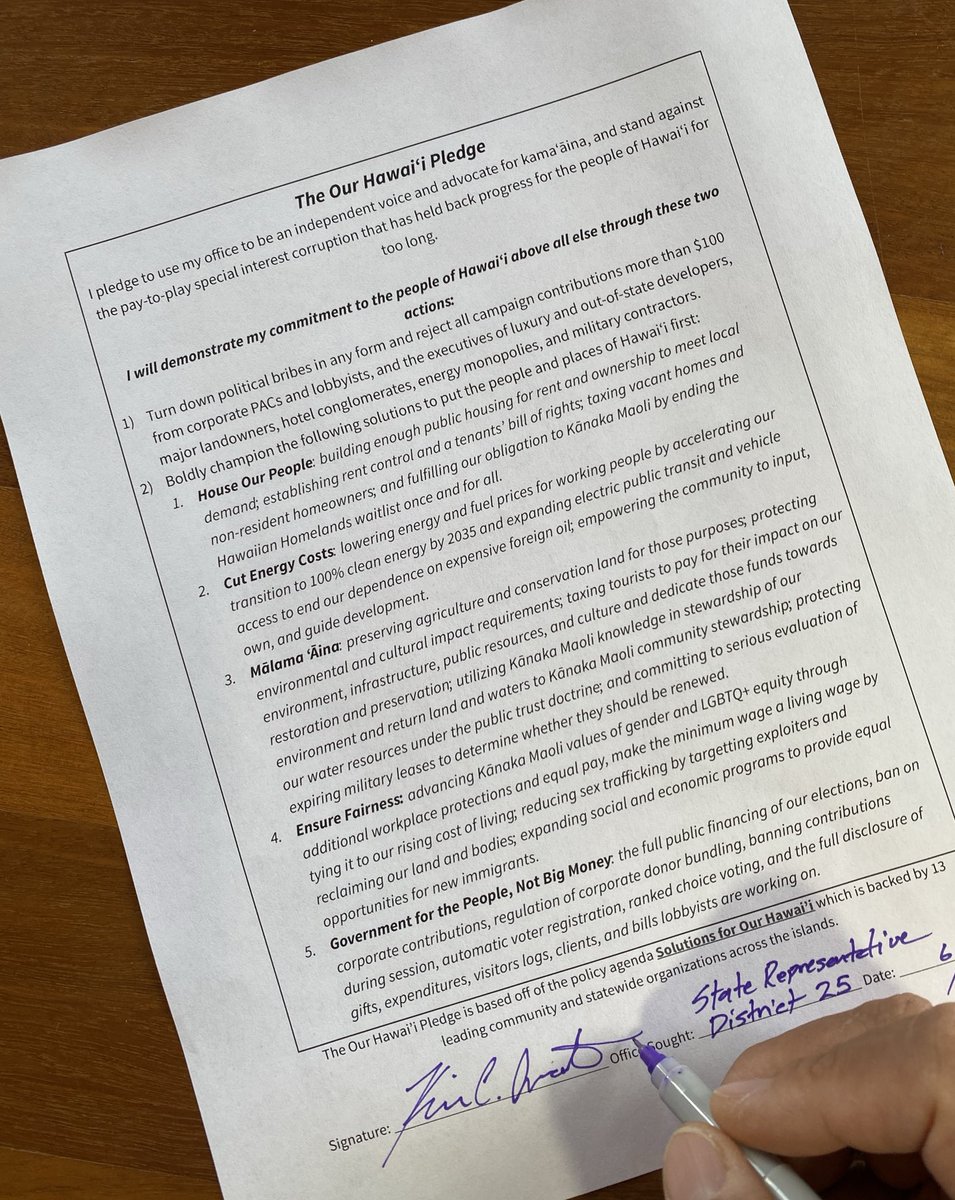 votekimcoco's tweet photo. Easiest pledge I ever signed - completely aligned with my campaign 
platform. Make sure every candidate you are voting for signs this pledge: it’s
the best way to cut through the political double-talk and slippery rhetoric. 
https://t.co/rdpRlh0lgq
#OurHawaiiPledge #OurHawaii808 https://t.co/d4TxdvcNcQ