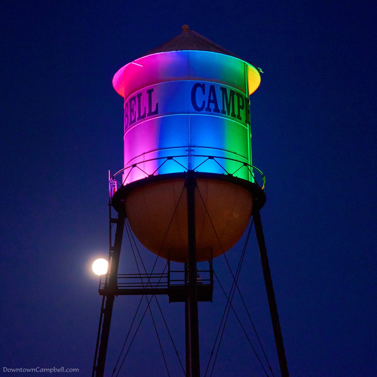 DowntwnCampbell's tweet photo. Let’s recognize our LGBTQ family, friends, and peers. @CityofCampbell is lighting up the Campbell Water Tower in rainbow colors tonight to celebrate #Pride https://t.co/IsVG5SJFaQ