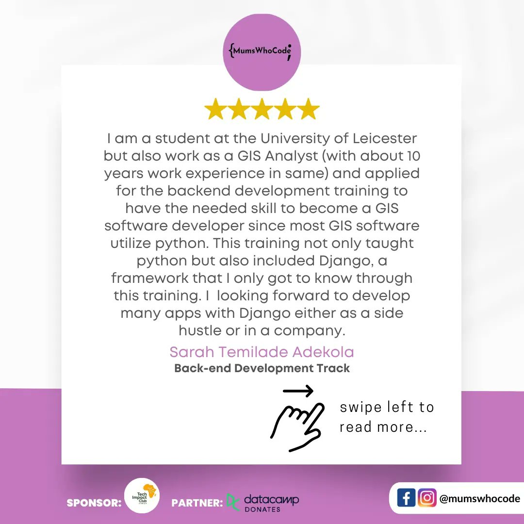 mumswhocode's tweet photo. What some of our #dwbcc3 bootcamp participants in the coding tracks had to say ๐ป
Well done, Ladies ๐๐๐
Thank you @dev_jayson @cuteiyimi @emma @paul.aje for this amazing contribution to the tech ecosystem.
#mumswhocode #techbootcamp #womenwhocode #womenintech https://t.co/MKrjg6iZYp