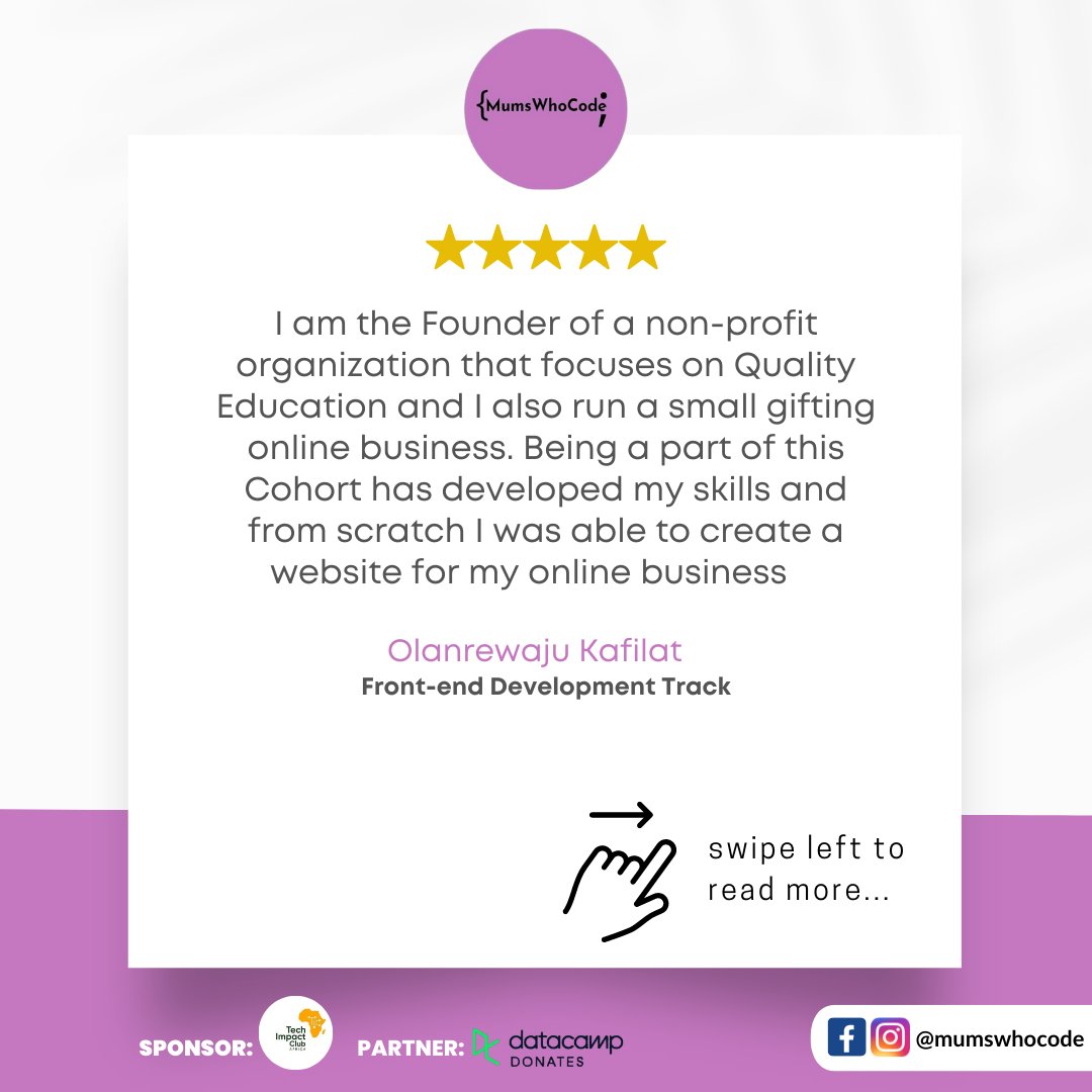 mumswhocode's tweet photo. What some of our #dwbcc3 bootcamp participants in the coding tracks had to say ๐ป
Well done, Ladies ๐๐๐
Thank you @dev_jayson @cuteiyimi @emma @paul.aje for this amazing contribution to the tech ecosystem.
#mumswhocode #techbootcamp #womenwhocode #womenintech https://t.co/MKrjg6iZYp