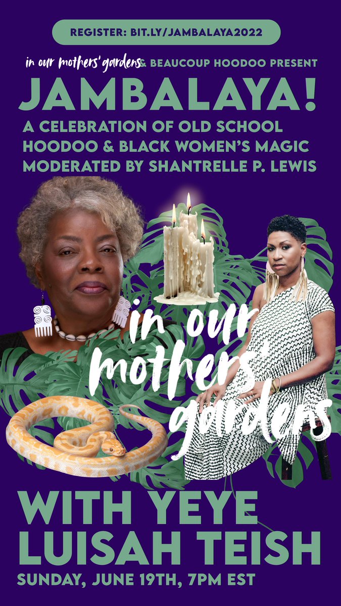 LuisahTeish's tweet photo. There's still space but not for long for this event. It's this SUNDAY. It would mean so much to see you there. #inourmothersgarden #netflix #luisahteish #jambalaya #
Register: https://t.co/7LOP3EZ0I9 https://t.co/DuSGi0wu5F