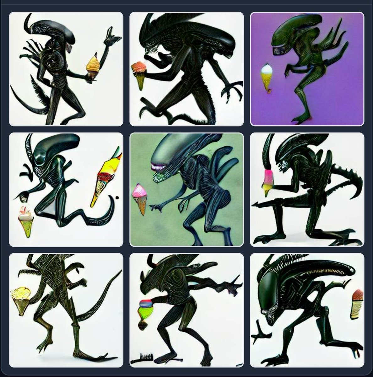 AIbeingweird's tweet photo. Xenomorph just wanted an ice cream this whole time https://t.co/LPBLJkK4uf