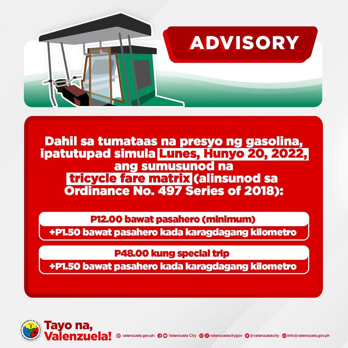 valenzuelacity's tweet image. ADVISORY: Simula Lunes, Hunyo 20, 2022, ay ipatutupad ang dagdag-pasahe sa mga tricycle dahil sa tumataas na presyo ng gasolina.

Narito ang bagong tricycle fare matrix: