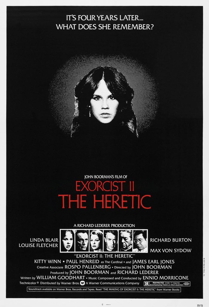 🎬MOVIE HISTORY: 45 years ago today, June 17, 1977, the movie 'Exorcist II: The Heretic' opened in theaters!

#LindaBlair #RichardBurton #LouiseFletcher #MaxVonSydow #KittyWinn #PaulHenreid #JamesEarlJones #NedBeatty #BelindaBeatty #BarbaraCason #DanaPlato