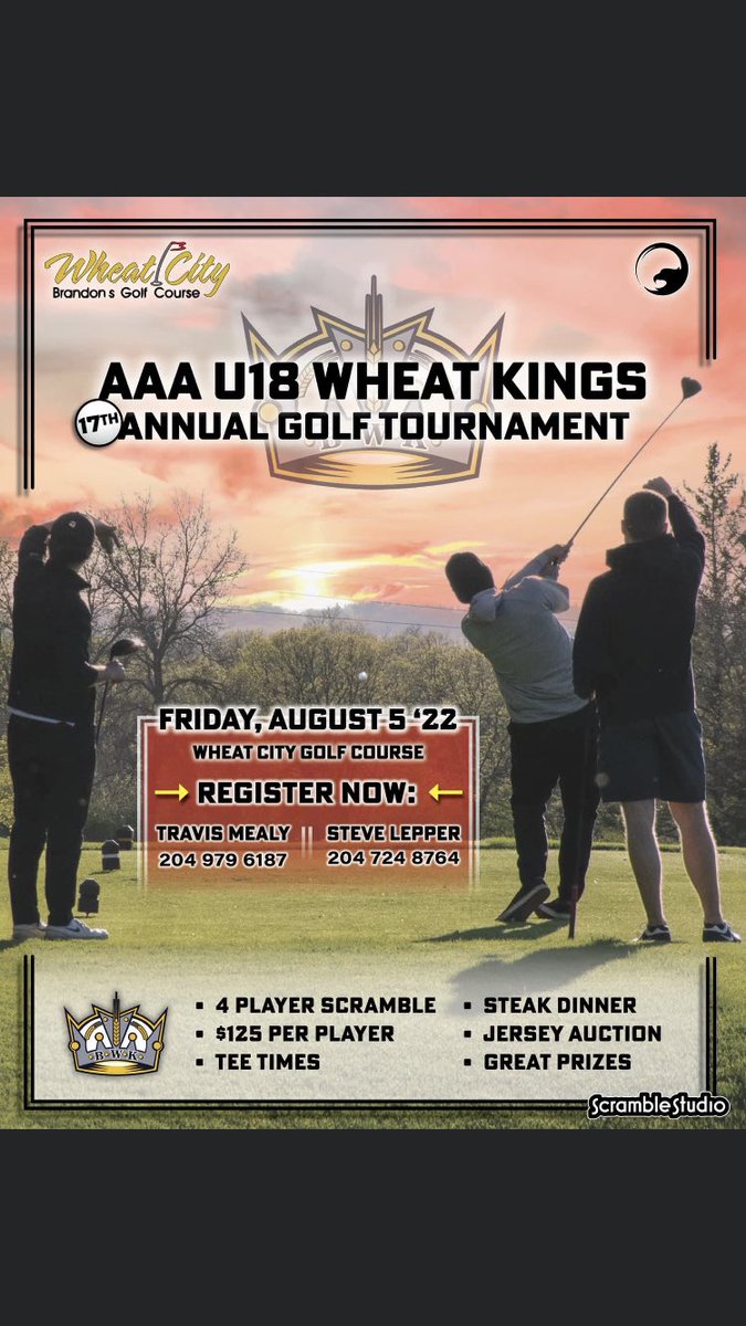3Awheatkings's tweet image. AAA U18 Wheat Kings Golf Tournament is back again!! Book your team today for a great day of golf, meal and prizes in support AAA U18 Wheat Kings 2022-2023 season!

Contact Travis Mealy - 204 979 6187
Or Steve Lepper - 204 724 8764