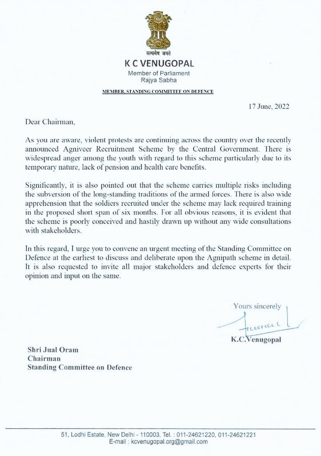 KC Venugopal urges to convene an urgent meeting of the Standing Committee on Defence at the earliest to discuss and deliberate on the #AgnipathRecruitmentScheme.
<a href="/kcvenugopalmp/">K C Venugopal</a> @_ShrutiShrmaIAS <a href="/SkSharmamaths/">Prof. SK Sharma</a> <a href="/PIB_India/">PIB India</a>