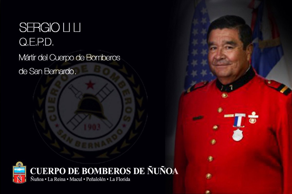 Nuestros emblemas hoy se enlutan y como Institución lamentamos la partida del segundo mártir del <a href="/cbsanbernardo/">Bomberos San Bernardo - El Bosque -Calera de Tango</a> , Sr. Sergio Li Li (QEPD) Consejero de Disciplina y Vol. Fundador de la <a href="/SeptimaNewYork/">Séptima Compañía de Bomberos de San Bernardo</a> Enviamos un abrazo a su familia y cofrades en estos momentos de pesar.