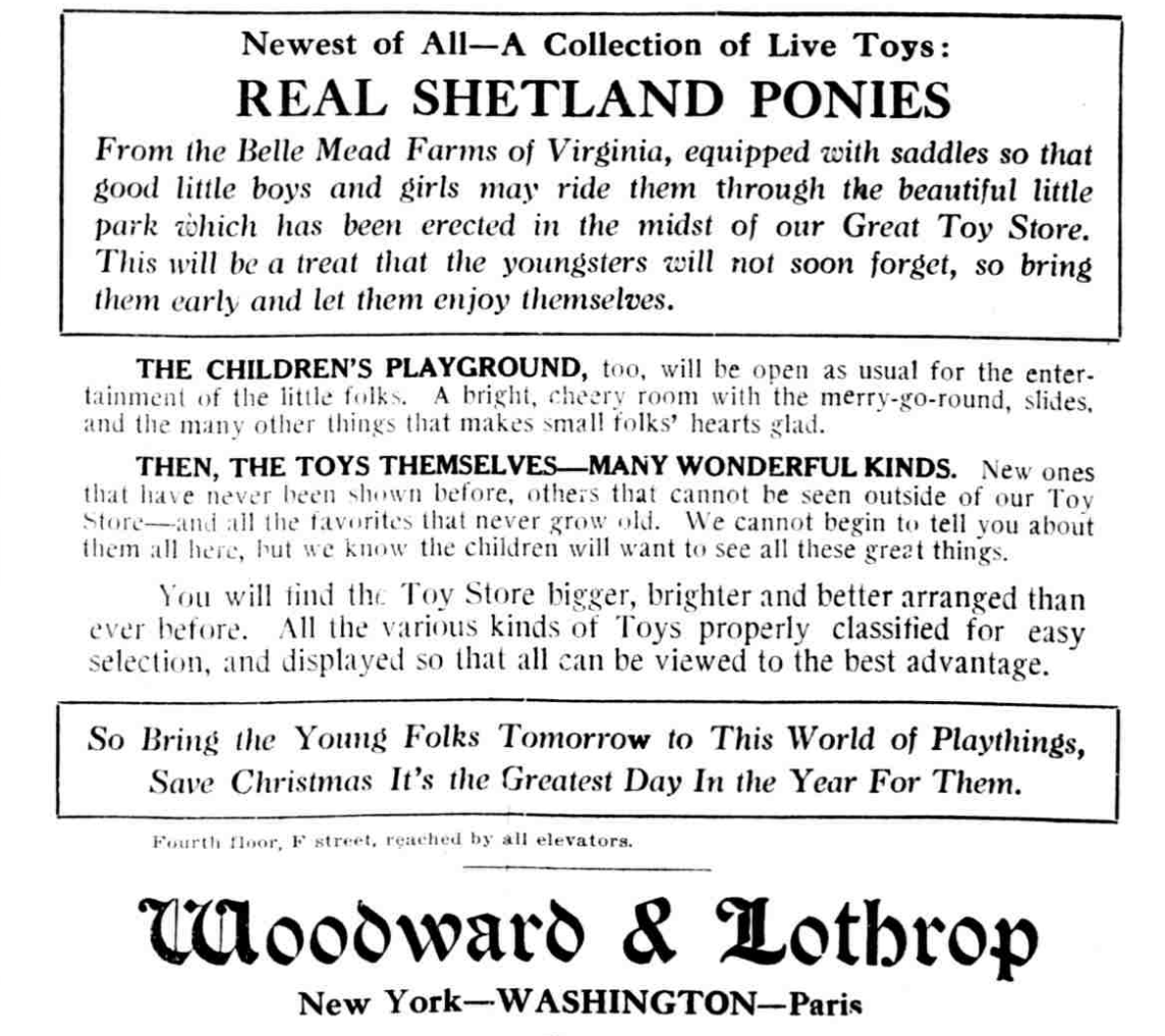 jensenedw's tweet photo. Working on an entry for my @patentlyblog hobby and have discovered that toy stores were much better in ye olde times. This one in Washington had "a collection of live toys" – REAL SHETLAND PONIES! In the store. Like Bass Pro Shop by way worse for my allergies. https://t.co/Oo7dRsB622