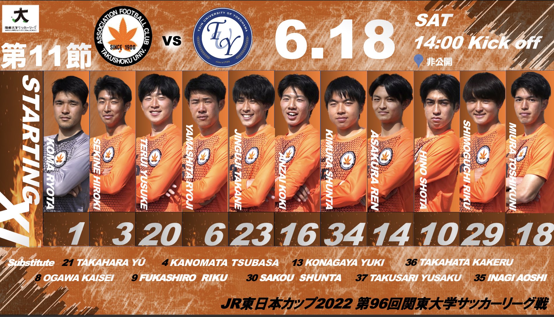 拓殖大学麗澤会体育局サッカー部 スターティングメンバー Vs桐蔭横浜大学 Gk 高麗稜太 Df 関根大輝 照井佑亮 山下諒時 神宮司嶺 Mf 安西晃輝 木村俊太 浅倉廉 日野翔太 下口竜空 Fw 三浦敏邦 6 18 土 14 00 Kick Off 非公開 関東