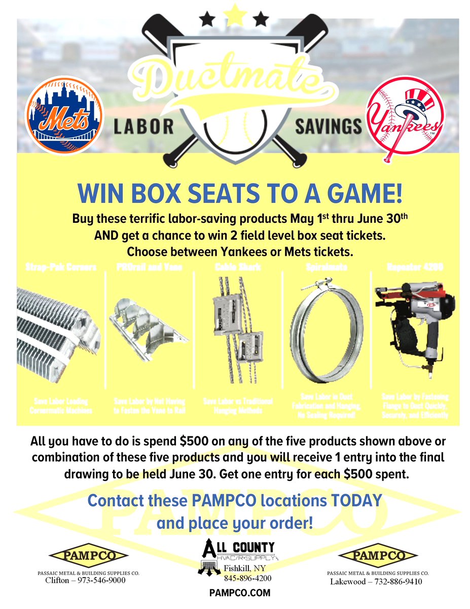 PAMPCO1911's tweet photo. LAST CHANCE to Win Box Seats to the Yankees or Mets!! Purchase any combination of Ductmate products until June 30 for a chance to win. Visit our website here to find out more or call PAMPCO at 973-546-9000 for a participating branch nearest you! https://t.co/S0lKwETmr9
