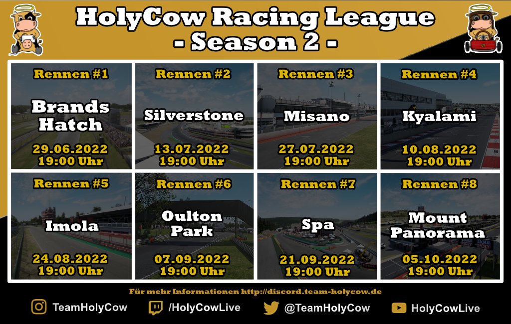Die HolyCow Racing League startet in ihre zweite Runde. Egal ob blutiger Anfänger oder Profi, es ist für jeden etwas dabei. Bei Interesse findet ihr alle Infos dazu auf unserem Discord Server discord.team-holycow.de #acc #AssettoCorsaCompetizione #teamholycow #holycowracing
