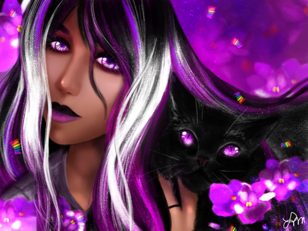 "Bewitching Ace". 24/25 editions left at .05 ETH. 30% will be donated to OutRight Intl! 

An ace witch and her familiar. 🖤 I'm an lgbtqiA+ (asexual/ace) artist and wanted to represent #AcePride as part of the <a href="/thehugxyz/">JJ</a> x <a href="/OutRightIntl/">Outright International</a> fundraiser. I'm so glad I did!

#Pride2022