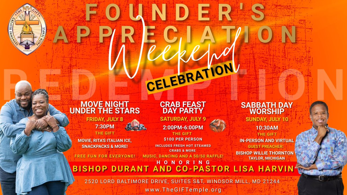 TheGIFTemple's tweet photo. All are invited to join us for our 2022 Founder’s Appreciation Weekend! It’s going to be EPIC! To purchase tickets to the Crab Feast Day Party, email us at thegiftemple@gmail.com and/or remit payment to the The GIFT via CashApp ($TheGIFTemple), noting on the memo: Crab Feast. https://t.co/GhT500GNKk