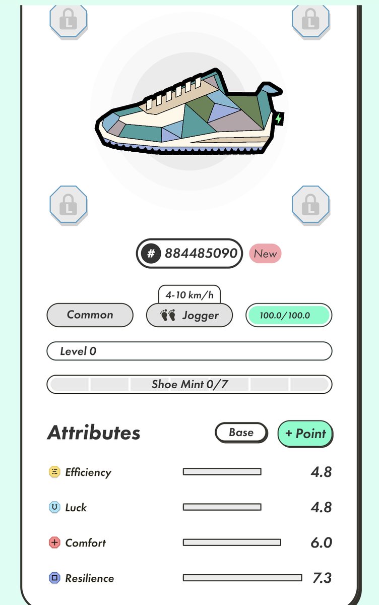 B靴一足売って、S靴mintで増やしてB国撤退のためにmintしたら全ソケットLなんてのが産まれた。コモンだしLのベース値4.8なんでGEM効果は知れてるけど。ちなみに親のソケットはCLRCとRCLL。
#STEPN