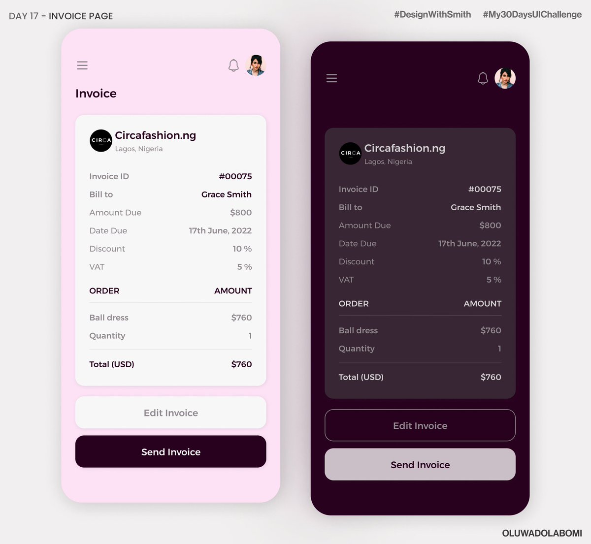 O_Dola_Bee's tweet photo. Day 17 of the Daily UI challenge with @elijahsmithB
Today's challenge was to design a desktop invoice app (light or dark mode)
Comments are welcomed! Thank you.
I am open to work and collaborations.
#design #ui #DesignWithElijahsmith #My30daysOfUIChallenge https://t.co/0xToUSDJin