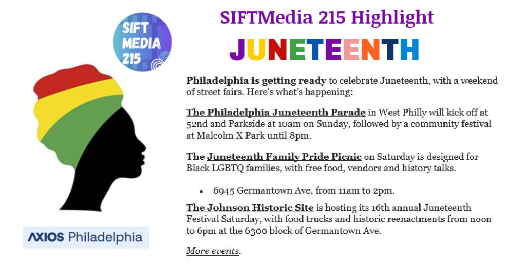 siftmedia215's tweet photo. HAPPY JUNETHEENTH From SIFTMedia 215 
Celebrations going on in Philly!

https://t.co/Y5qQhv8x1p

#juneteenth2022 #PhillyEvents #PhillyCommunity #BlackPhilly #JuneteenthCelebrations #ThingstoDoinPhilly @axios https://t.co/0srfNvXtg2