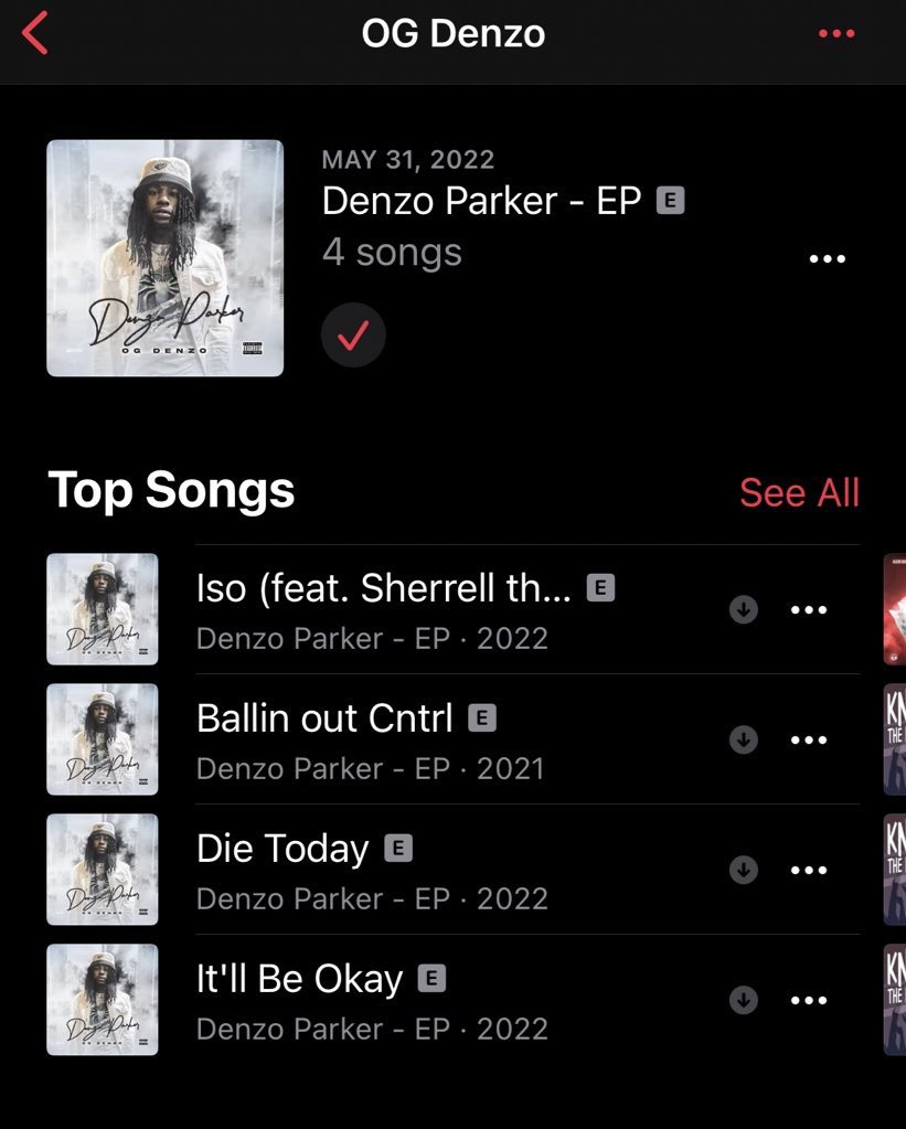 “Denzo Parker” The EP. Out Now Everywhere‼️ 

🕸 songwhip.com/og-denzo/denzo… 🕸

#️⃣1️⃣ “Iso” feat. <a href="/SheIsRell_/">Sofia Falcone</a> 
Mixed: <a href="/JustBodhiZ/">Squirt Cobain</a> 
#️⃣2️⃣ “Ballin Out Cntrl”
Mixed: @wizdumlionhearted 
#️⃣3️⃣ “Die Today” 
Mixed: <a href="/_ogMicWill/">Micah</a> 
#️⃣4️⃣ “It’ll Be Okay”
Mixed: <a href="/jaymeworld/">JAYME</a>