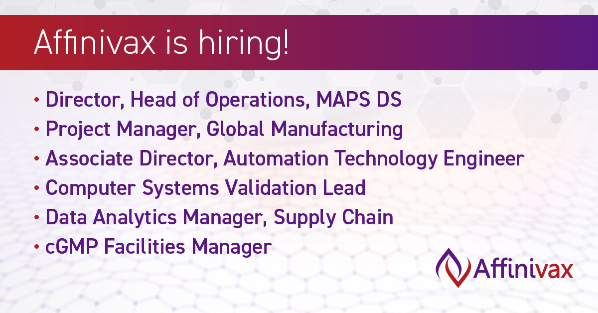 It’s an exciting time at Affinivax and we are focused on the steadfast growth and opportunity within our Manufacturing department. Check out these open roles! affinivax.com/careers/ #WereHiring #SimplePowerfulVaccines