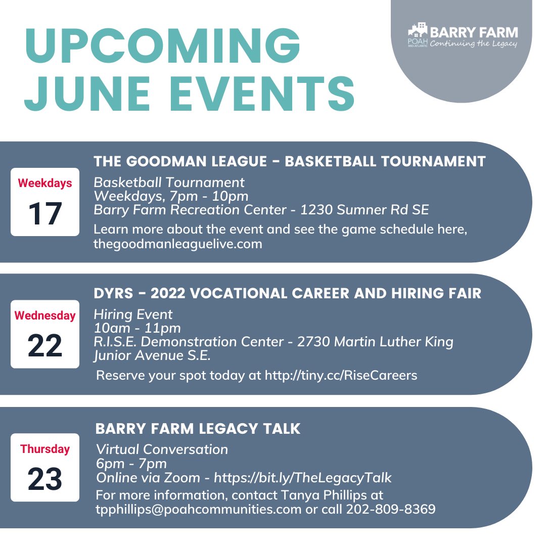 barryfarmredev's tweet photo. Happy Friday! We are excited to share some upcoming community events.
Be sure to follow us, as we continue to share fun and engaging programming!
#continuingthelegacy #barryfarm #barryfarmredevelopment #dchousingauthority #poah #poahcommunities https://t.co/d5Qkac9aNy