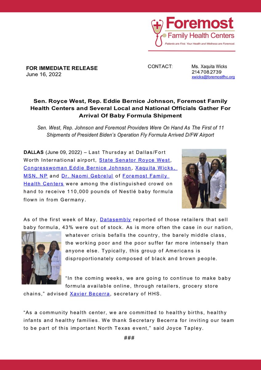 Foremost Family Health Centers gather for "Arrival of Baby Formula Shipment."
#BabyFormula 
#Babyformulashipment
<a href="/RepToniRoseTX/">State Representative Toni Rose</a> 
<a href="/RoyceWestTX/">Royce West</a> 
<a href="/RepEBJ/">Rep. Eddie Bernice Johnson</a> 
<a href="/XavierBecerra/">Xavier Becerra</a> 
<a href="/leahkingfw/">Leah King</a> 
<a href="/KivaLcsw/">Kiva Harper, LCSW-S</a> 
<a href="/apluscharter/">A+ Charter Schools</a> 
<a href="/CarlOShermanTX/">Carl Oscar Sherman</a>