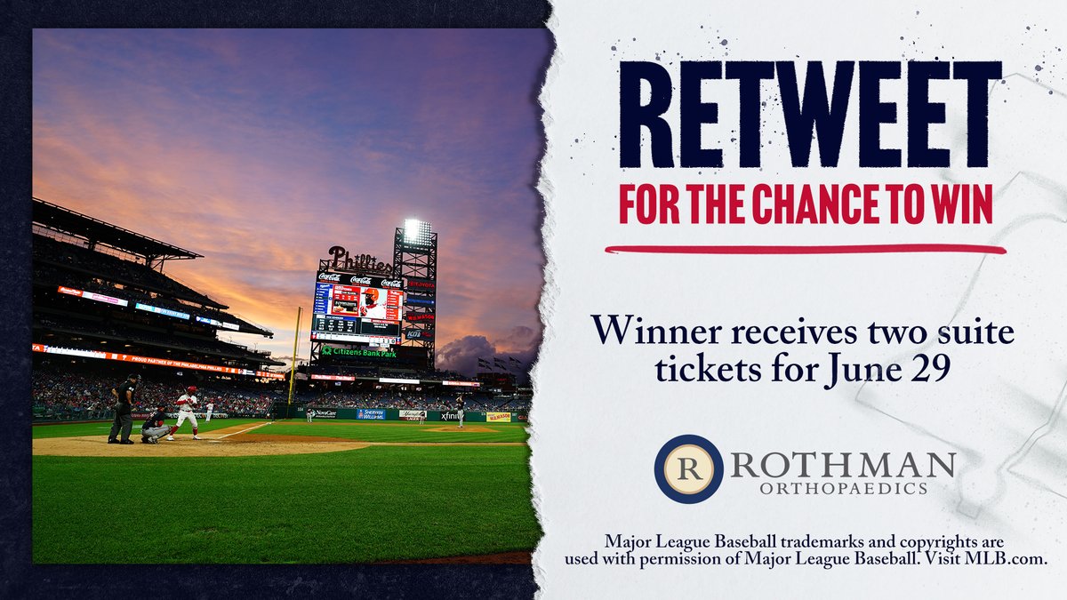 Philadelphia Phillies (@phillies) on Twitter photo RT for the chance to win two suite tickets for our home game against the Braves on June 29 courtesy of <a href="/RothmanOrtho/">Rothman Orthopaedics</a>!
Rules: atmlb.com/3y0SZWX RT for the chance to win two suite tickets for our home game against the Braves on June 29 courtesy of <a href="/RothmanOrtho/">Rothman Orthopaedics</a>!
Rules: atmlb.com/3y0SZWX