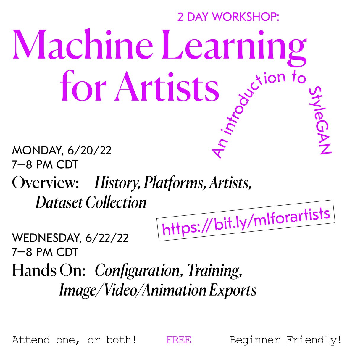 bmoren's tweet photo. I'm running a Free! virtual! Machine Learning for artists workshop on 6/20 &amp; 6/22 – I cant believe I forgot to tweet this earlier (I can... I'm an occasional twitter user) https://t.co/FZuZEDsNl7