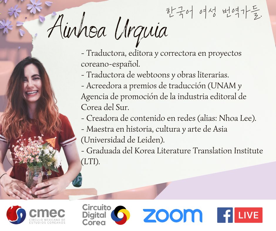 cmec_mx's tweet photo. ¡Coreanistas!
Les invitamos a este bello evento sobre mujeres y traducción del idioma coreano.
#CircuitoDigitalCorea
📆29-06-2022
⏰11hrs.
@nhoalee
#IdiomaCoreano #EstudiosCoreanos #Coreano #Traducción #mujeres #한국어
Para conocer a nuestras ponentes desliza👉🏼 https://t.co/hqOu0WR0P2