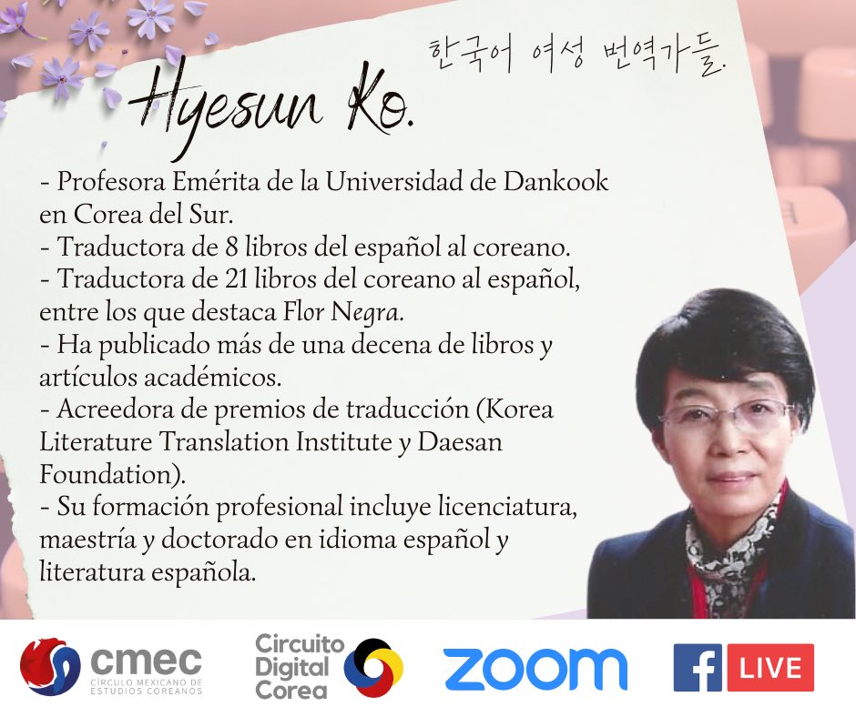 cmec_mx's tweet photo. ¡Coreanistas!
Les invitamos a este bello evento sobre mujeres y traducción del idioma coreano.
#CircuitoDigitalCorea
📆29-06-2022
⏰11hrs.
@nhoalee
#IdiomaCoreano #EstudiosCoreanos #Coreano #Traducción #mujeres #한국어
Para conocer a nuestras ponentes desliza👉🏼 https://t.co/hqOu0WR0P2